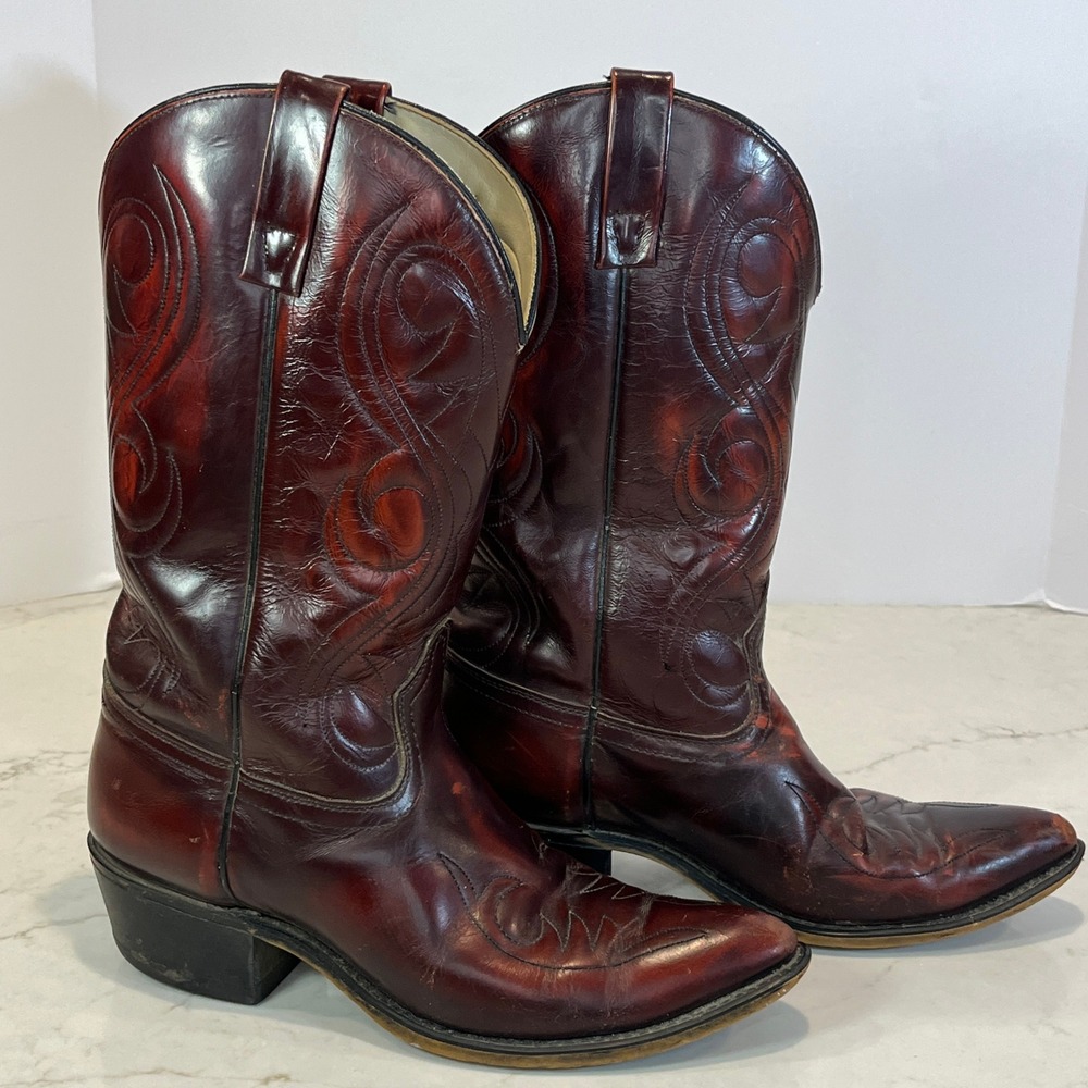 Acme VTG Western Cowboy Boots Mens 9 D Burgundy Leather Pointed Toe USA